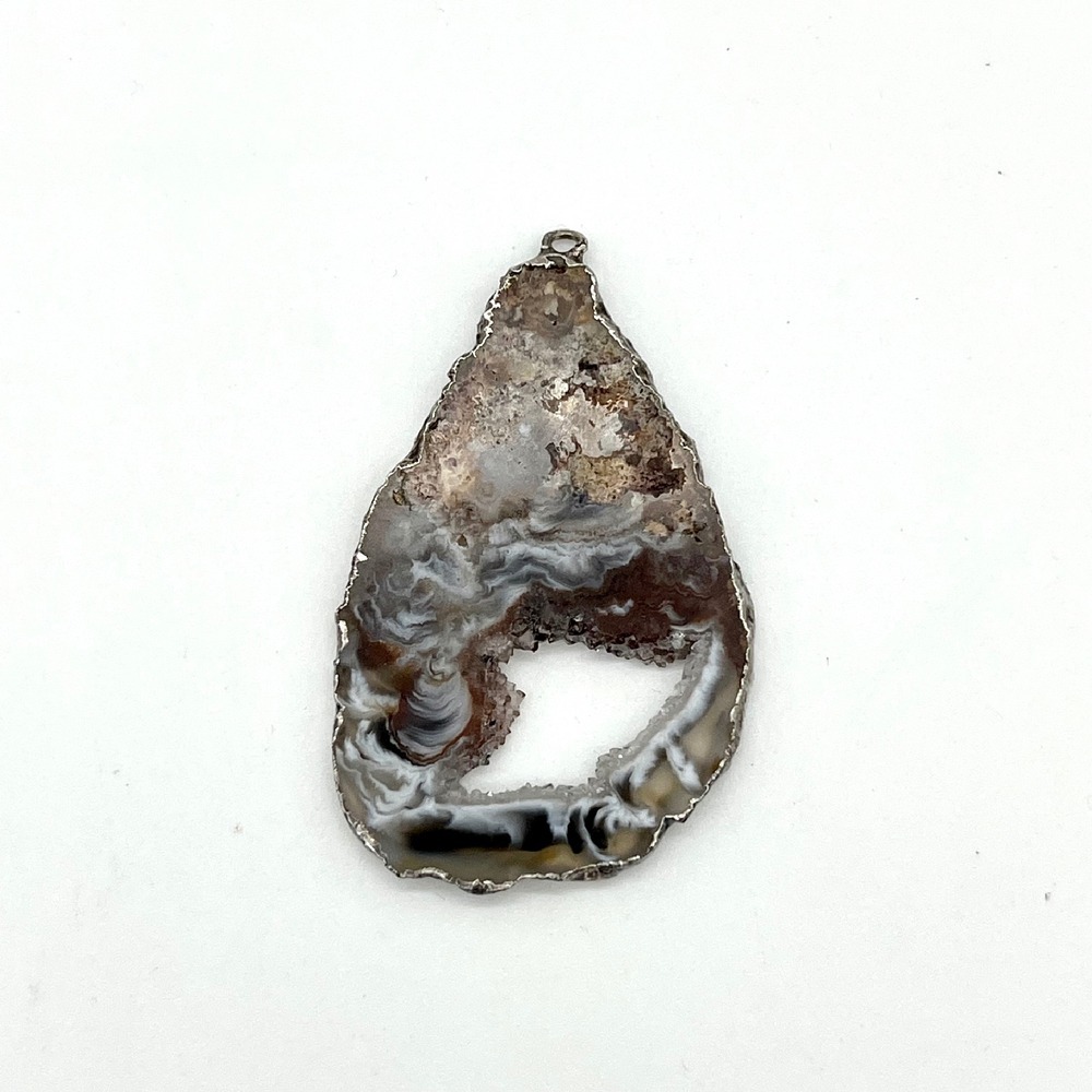 Agate Slice Pendant Natural Stone Druzy Geode Silver Plated Edge 2 Inch